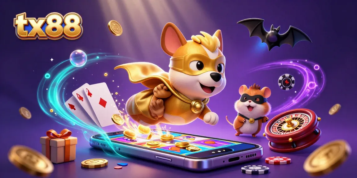 Play slots and win big with tx88 along with a superhero dog and his sidekick in a colorful casino scene.