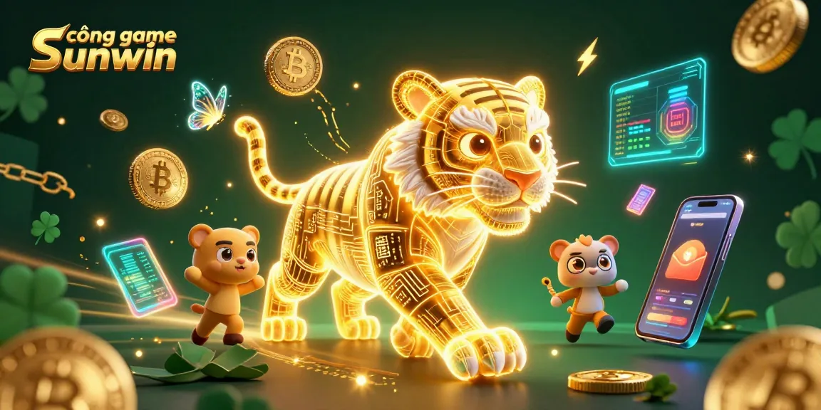 Experience the excitement of cổng game sunwin with a vibrant 3D casino landscape featuring glowing crypto coins and a majestic golden tiger.