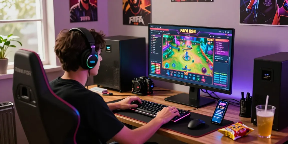 Player engaged in FAFA 828 online gambling with vibrant game graphics and modern gaming setup.